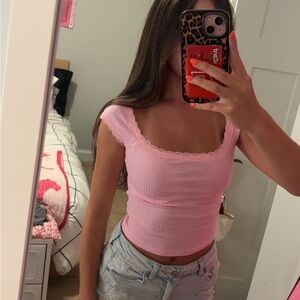 SHEIN Pink Lace Trim Crop Top